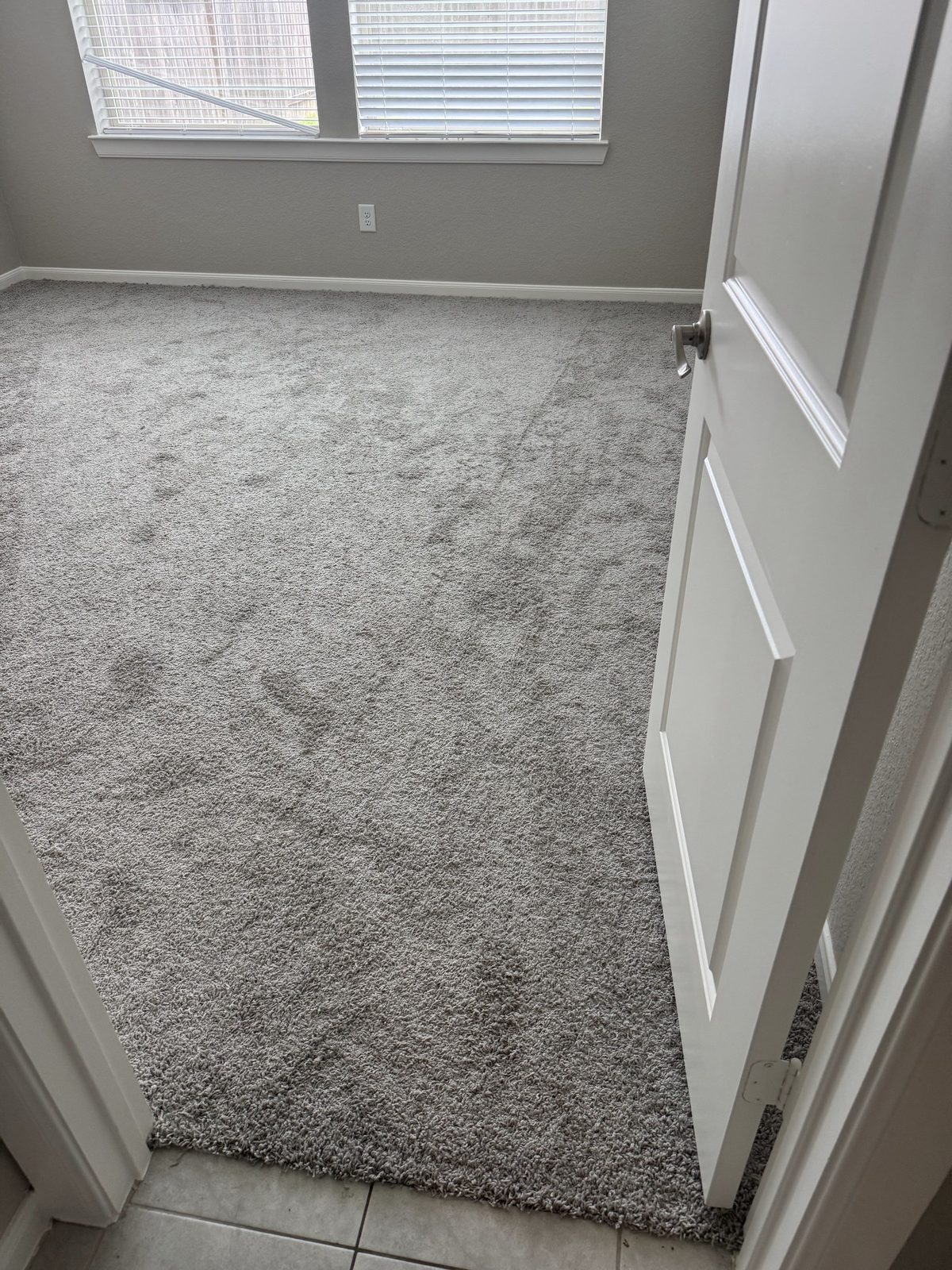 Plush gray carpet in a bedroom meeting a tile transition at the doorway