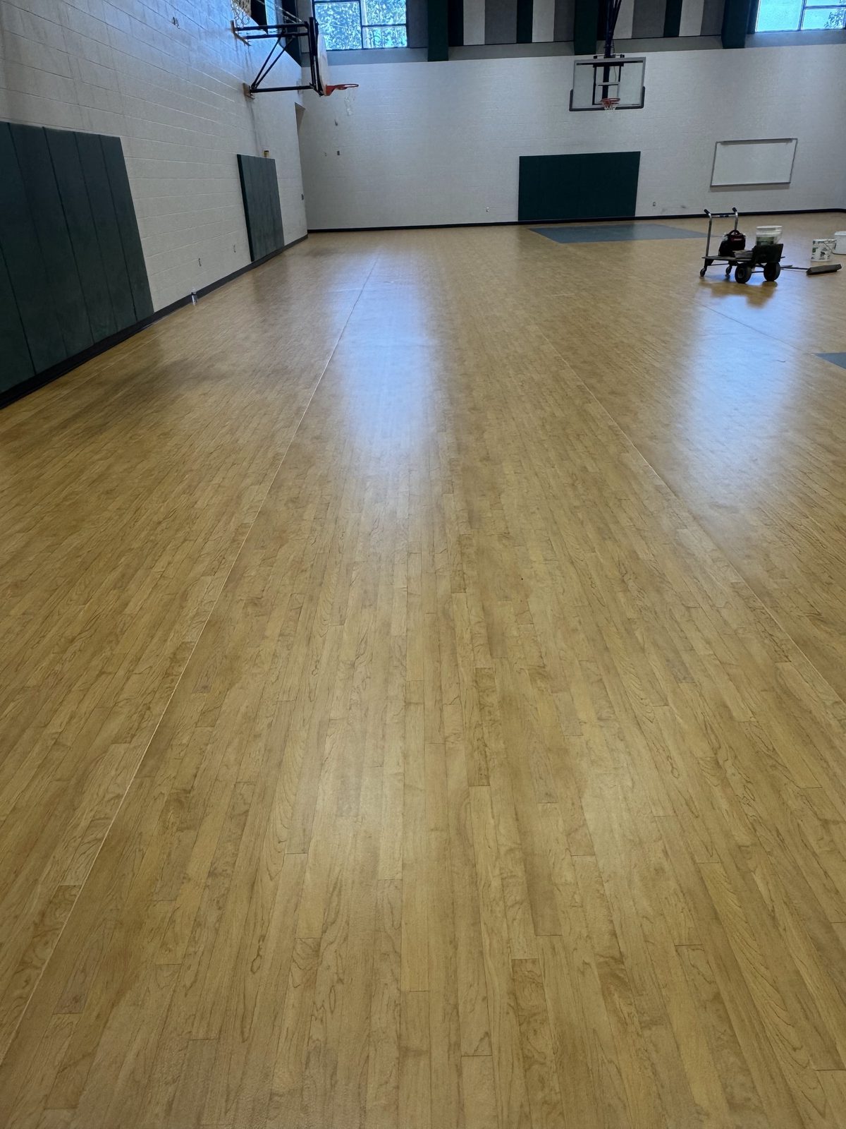 Finished wood gymnasium floor with painted court lines and basketball goals